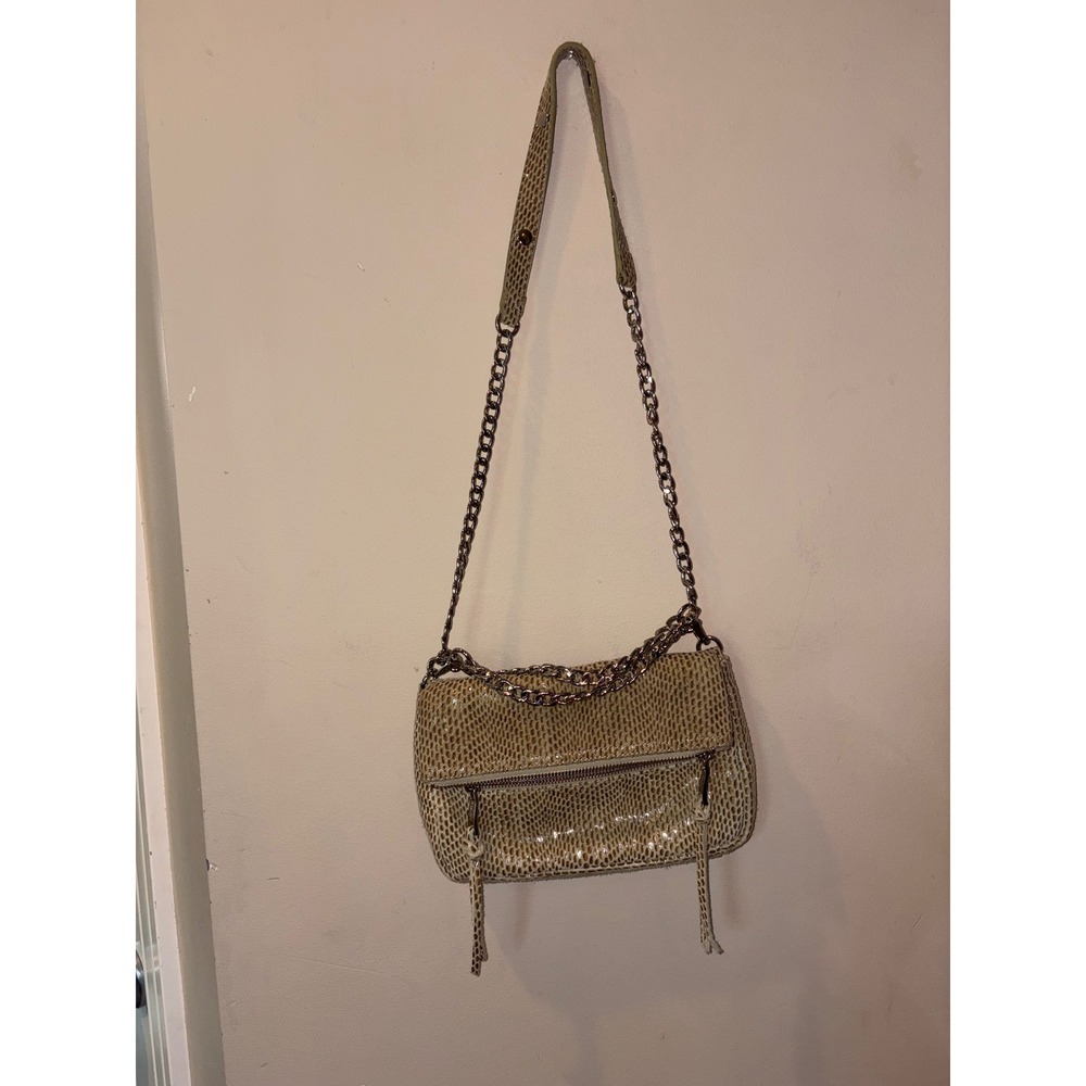 Sorial New York Snakeskin Embossed Leather Crossbody Bag‎ Beige Silver Chain